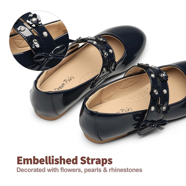 Girls Flower Pearls Bow Mary Jane Flats - NAVY - 2